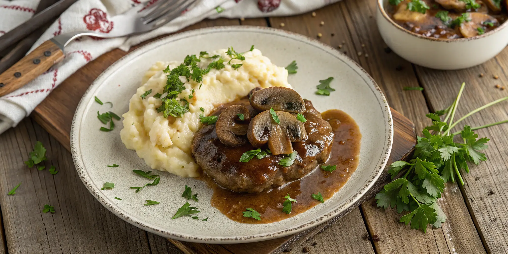 Easy Salisbury steak recipe served with mashed potatoes and mushroom gravy