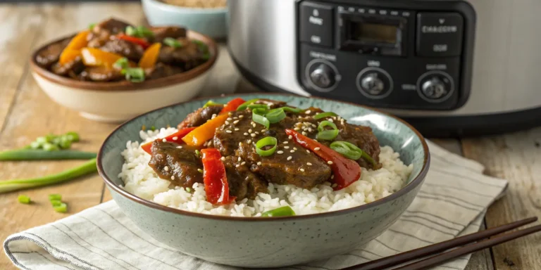 Slow cooker pepper steak served over rice with garnish