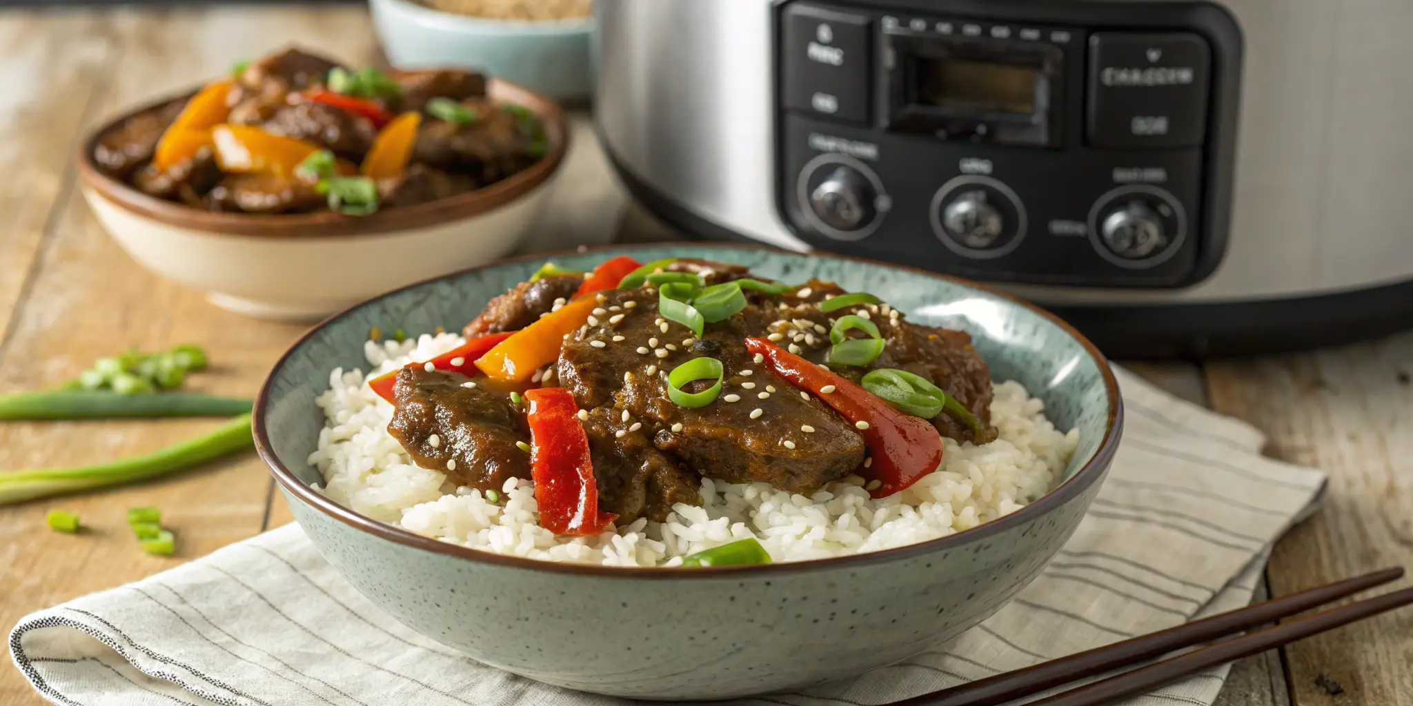 Slow cooker pepper steak served over rice with garnish