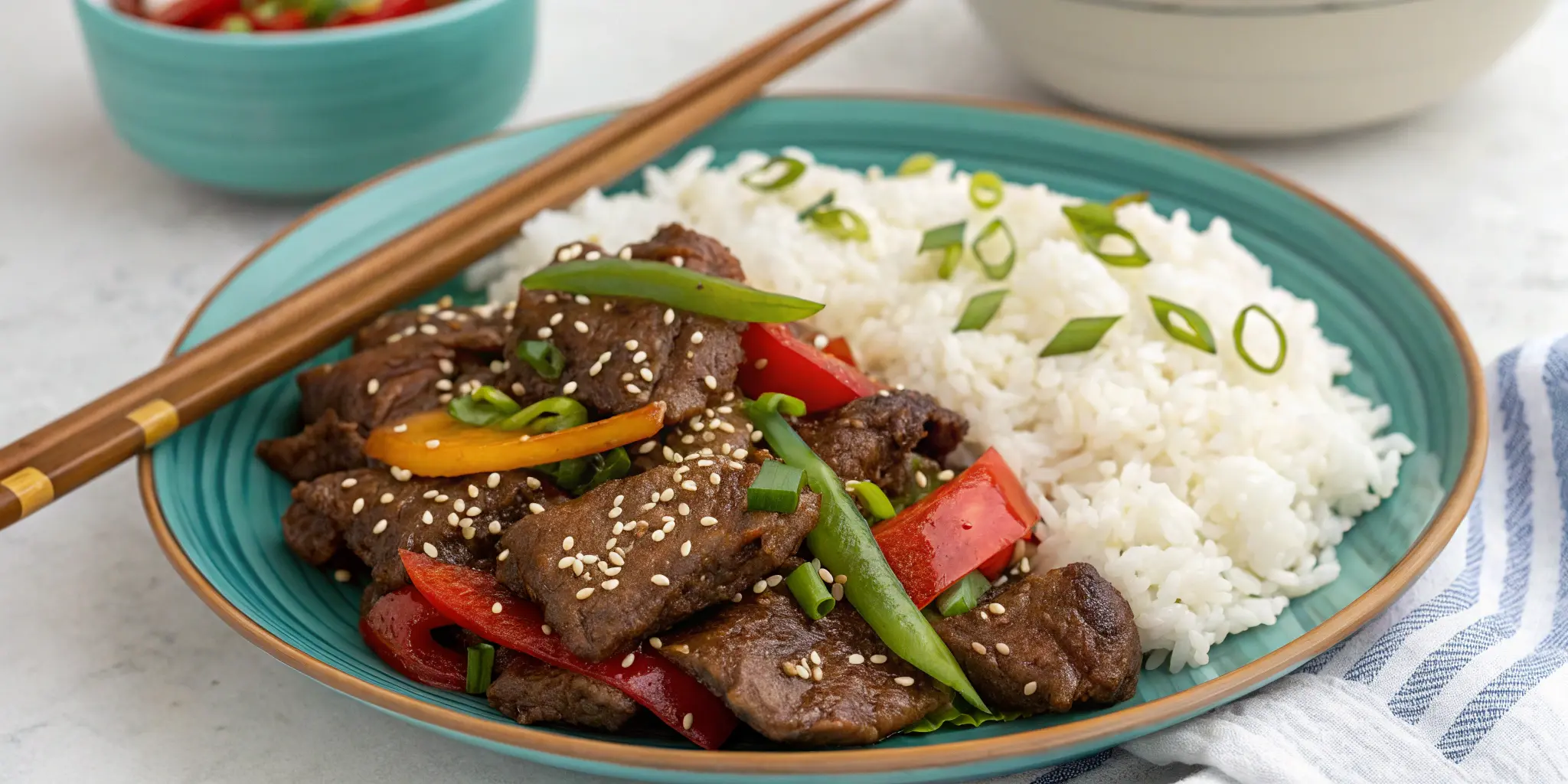 Chinese pepper steak served with rice and vegetables