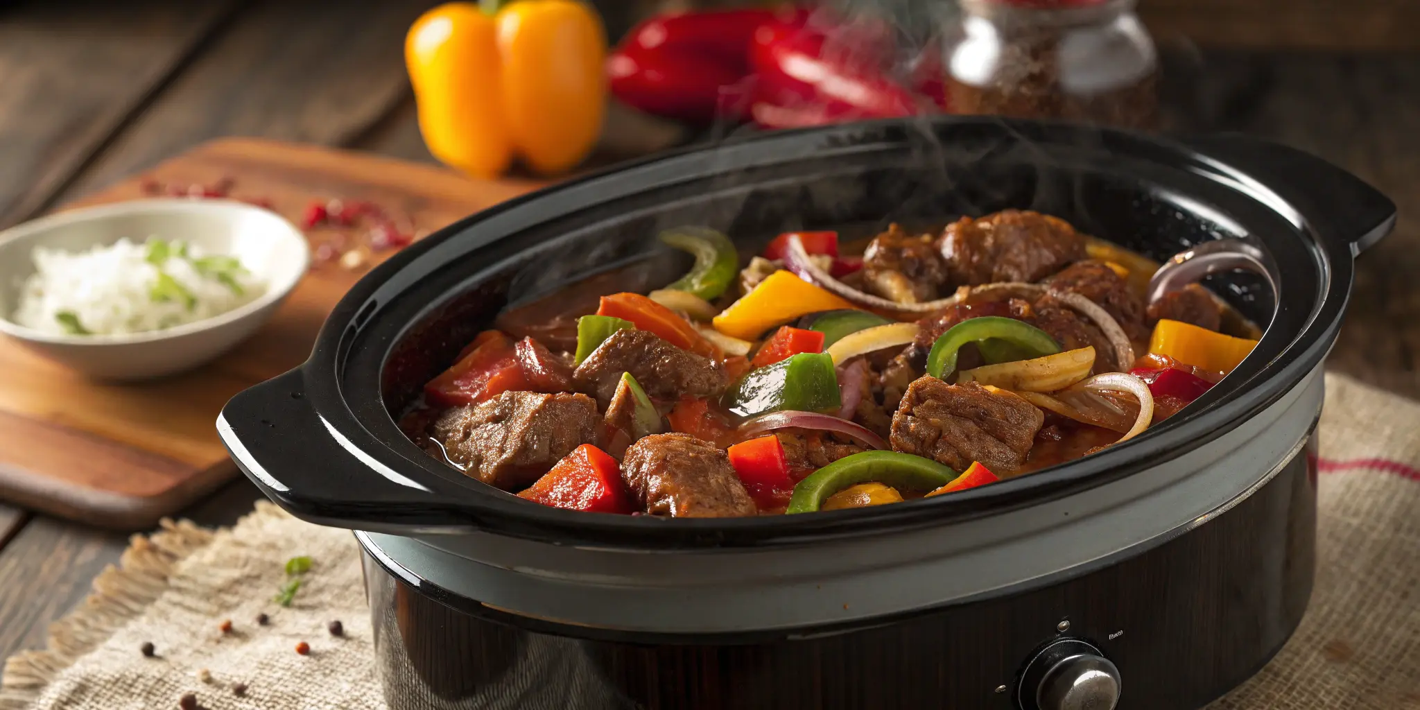 Crock pot pepper steak with colorful bell peppers and onions
