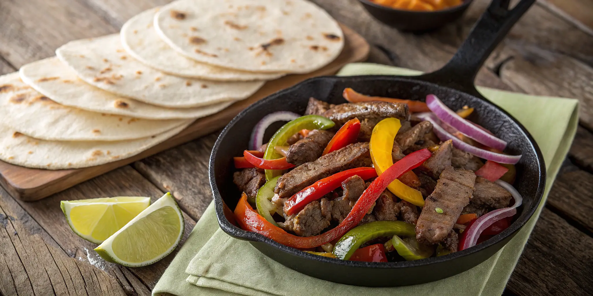 Beef fajita recipe in a skillet with peppers and tortillas