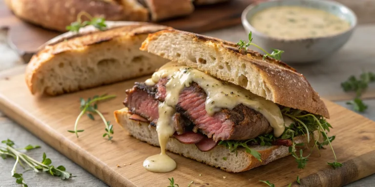 Juicy steak sandwich topped with creamy bold sauce; Steak Sandwich Sauce