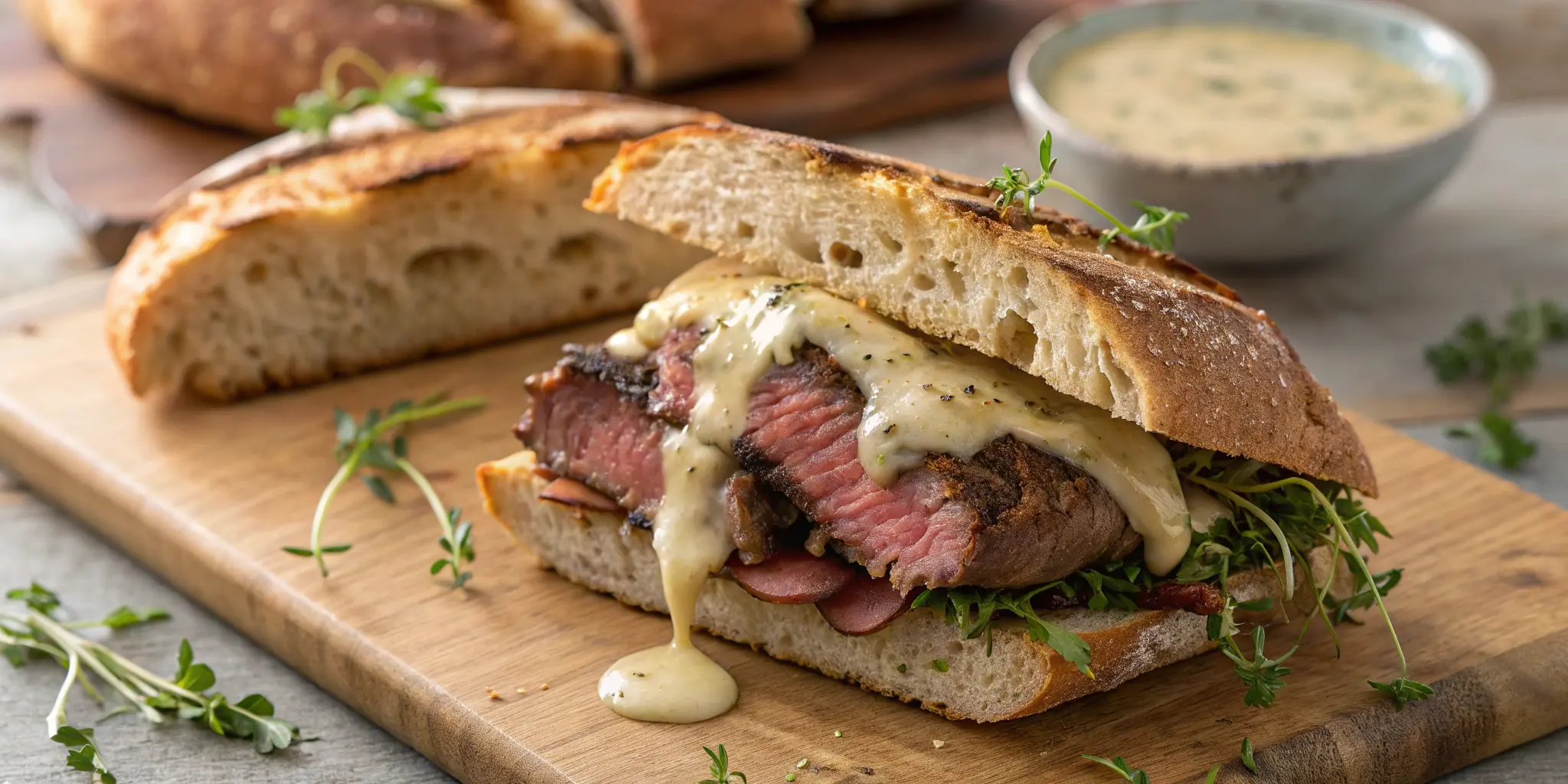 Juicy steak sandwich topped with creamy bold sauce; Steak Sandwich Sauce