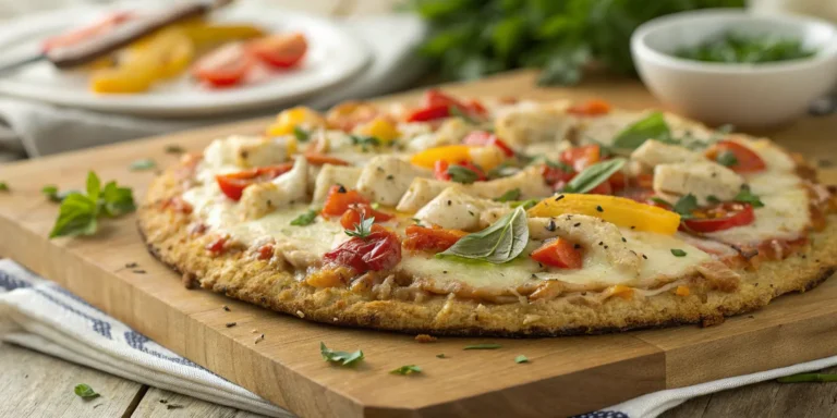Chicken pizza crust recipe with cheese and vegetables on wooden board