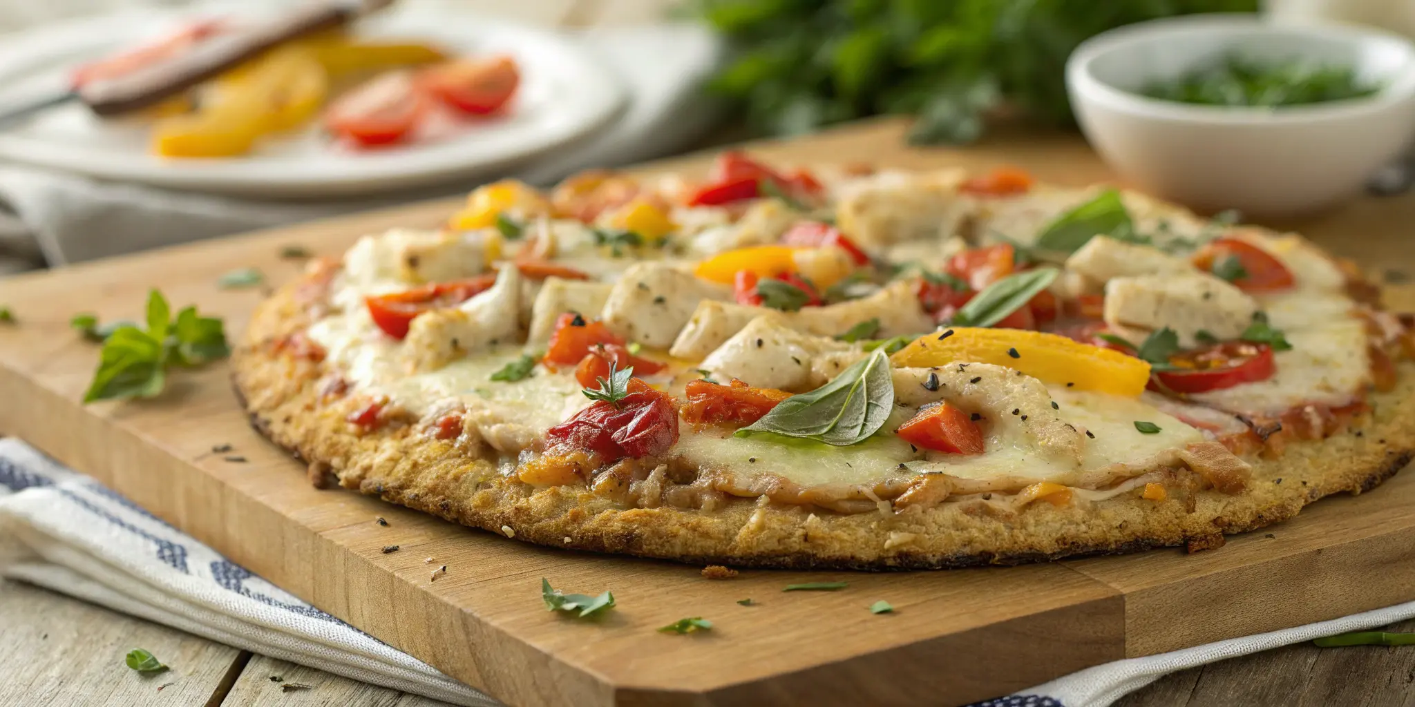 Chicken pizza crust recipe with cheese and vegetables on wooden board