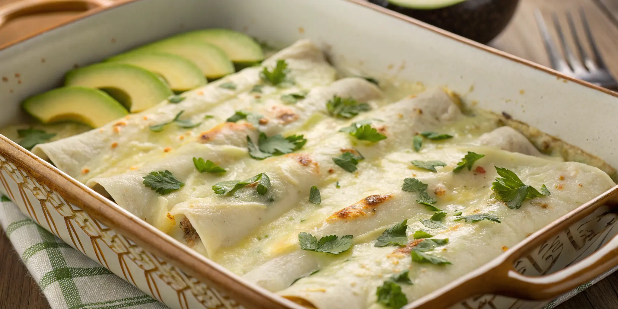 Creamy white chicken enchiladas baked to perfection with melted cheese and fresh cilantro