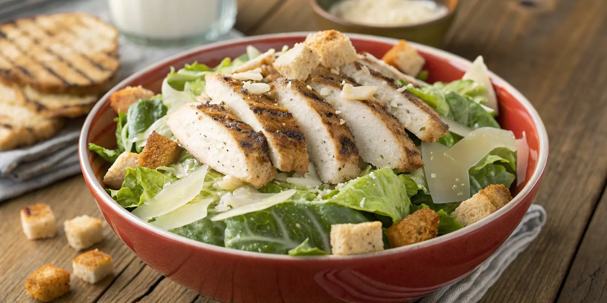Grilled chicken Caesar salad with fresh romaine, Parmesan, and creamy dressing