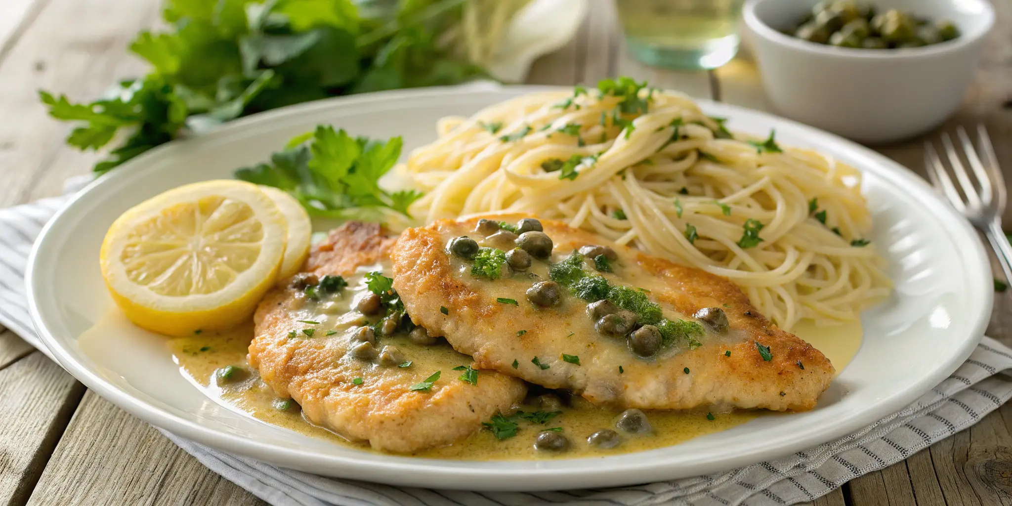 Easy chicken piccata with lemon butter sauce and capers served over pasta