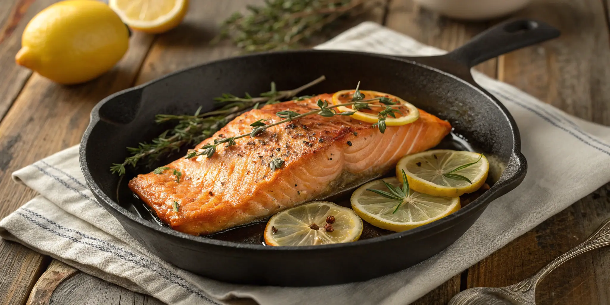 Crispy pan fried salmon fillet in a skillet with herbs and lemon