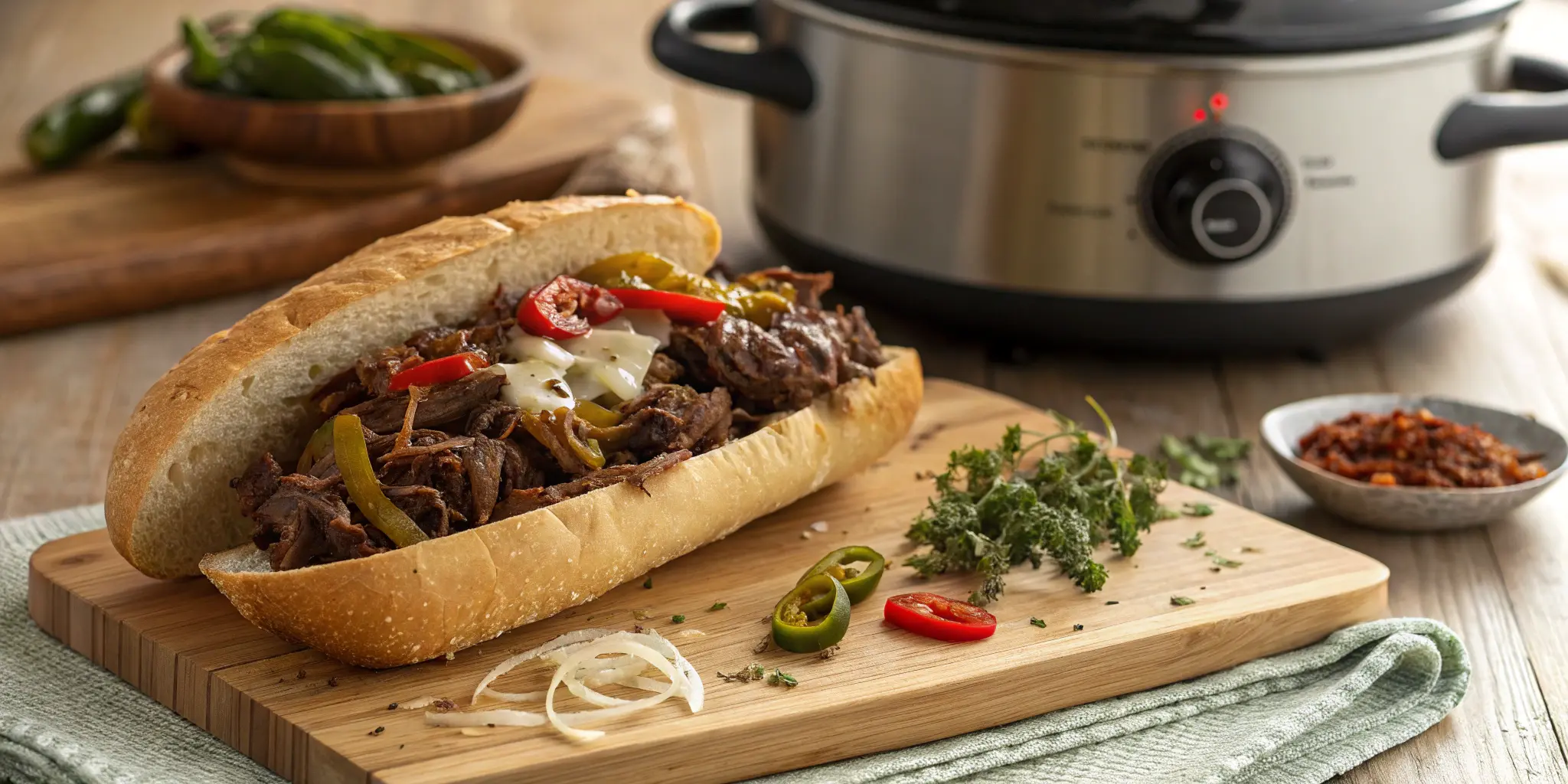 Juicy slow cooker Italian beef sandwich on rustic Italian roll, Slow Cooker Italian Beef