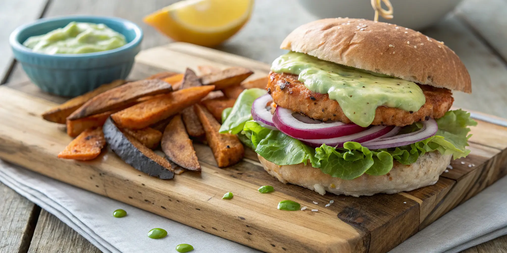 Juicy salmon burger with toppings on a wooden board - Salmon Burgers Recipe