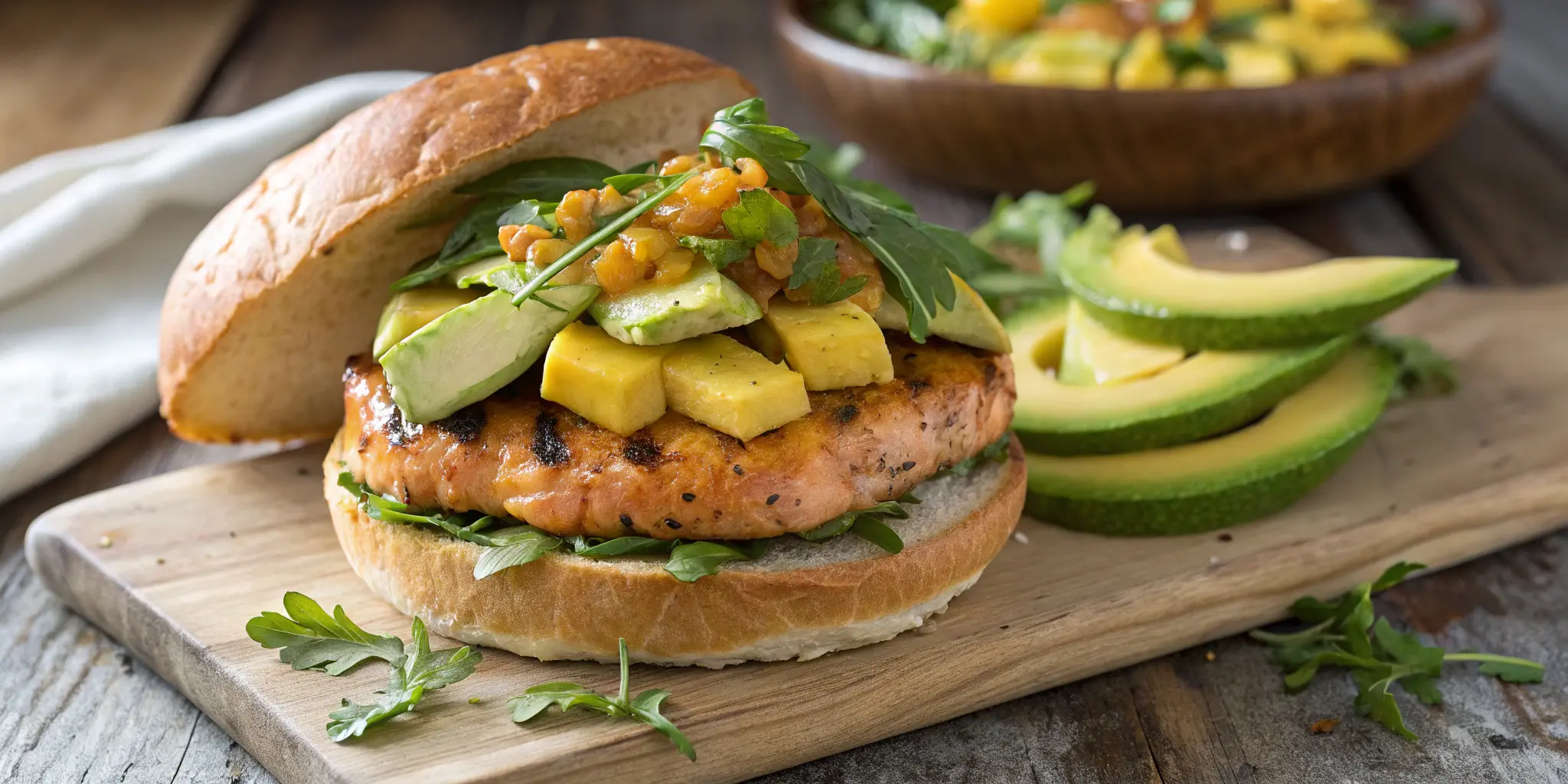 Salmon burger topped with avocado slices, mango salsa, and fresh greens on a toasted brioche bun - Salmon Burger Toppings