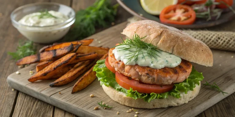 Delicious salmon burger with canned salmon on toasted bun with fresh lettuce and tomato - Salmon Burgers with Canned Salmon