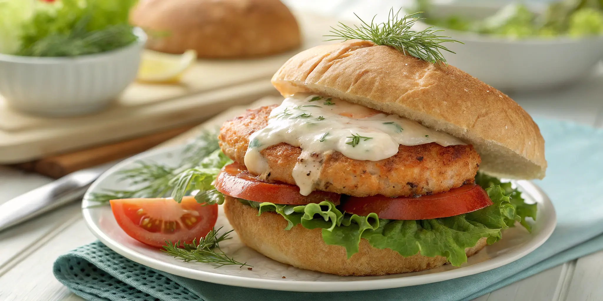 Crispy salmon fish burger on a bun with fresh toppings, showcasing a healthy and delicious meal