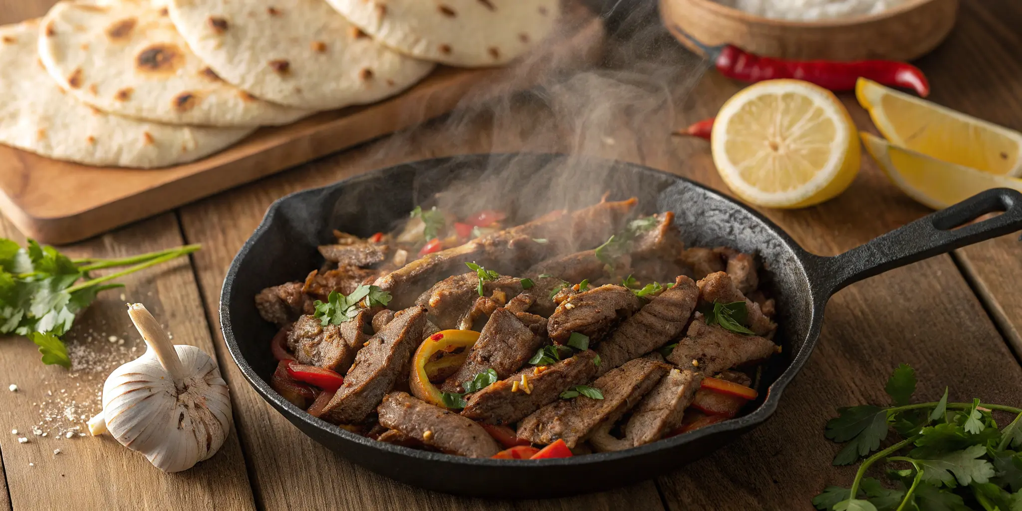 Juicy beef shawarma meat recipe sizzling on skillet with spices and fresh herbs