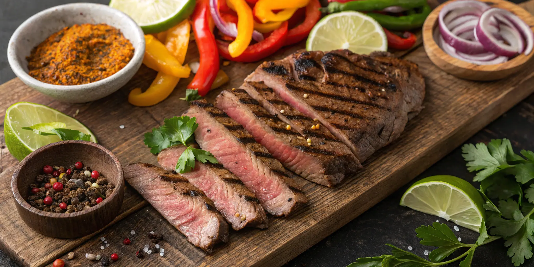 Juicy grilled fajita steak marinated in lime, oil, and spices for tender texture
