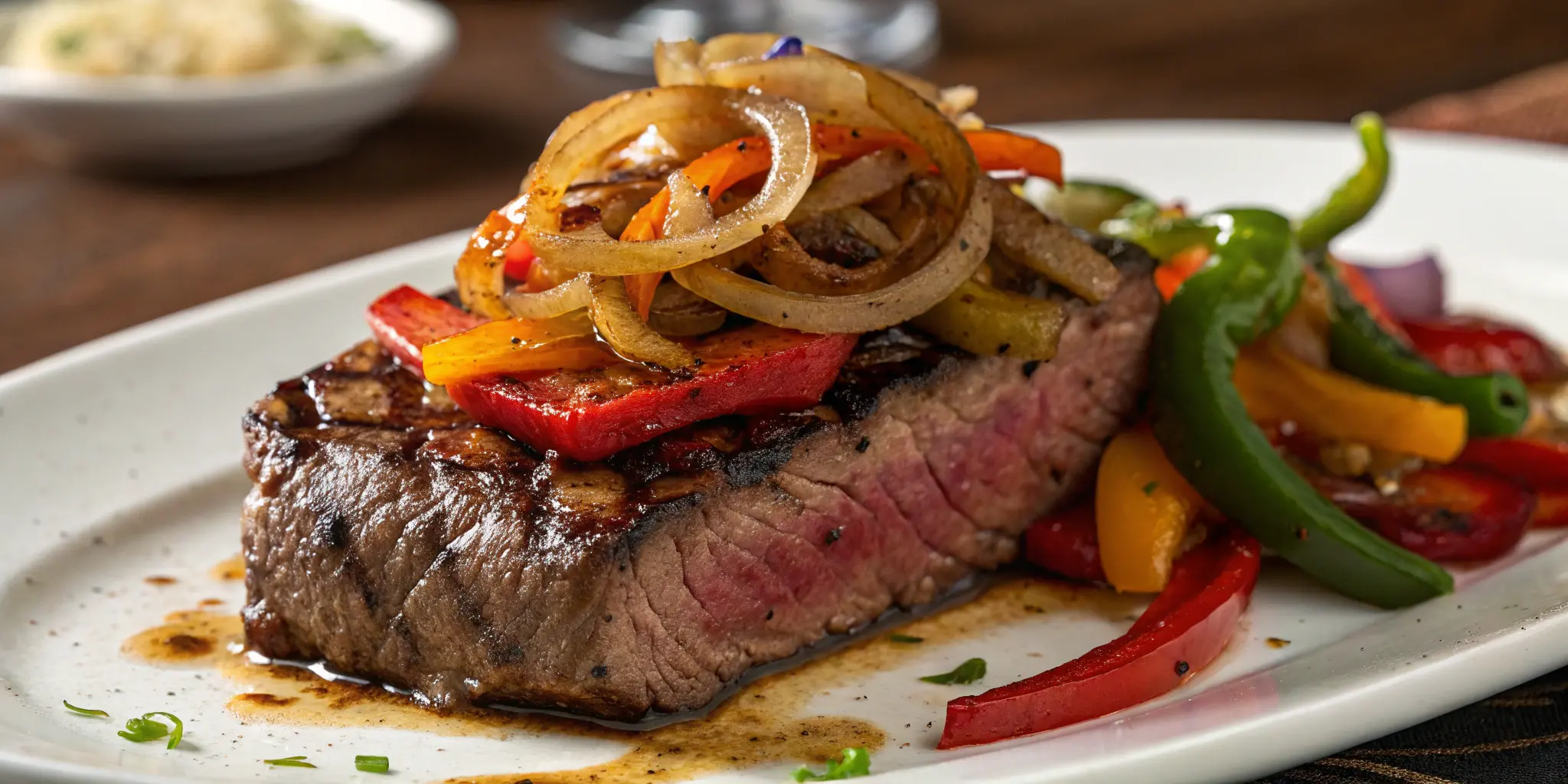 Irresistible pepper steak with onion served with bell peppers and caramelized onions