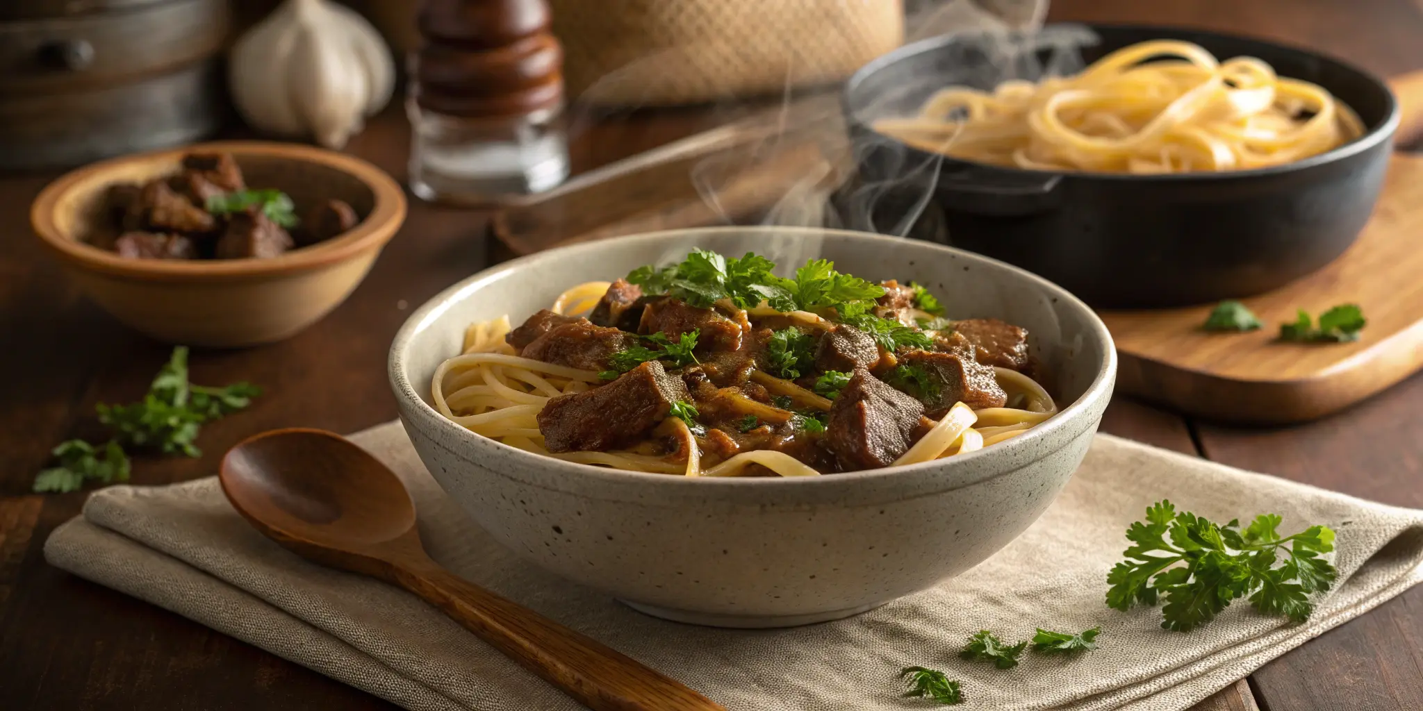 Hearty bowl of beef and noodles served on a rustic dinner table