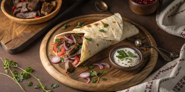 Juicy beef shawarma wrap with garlic sauce and pickled vegetables