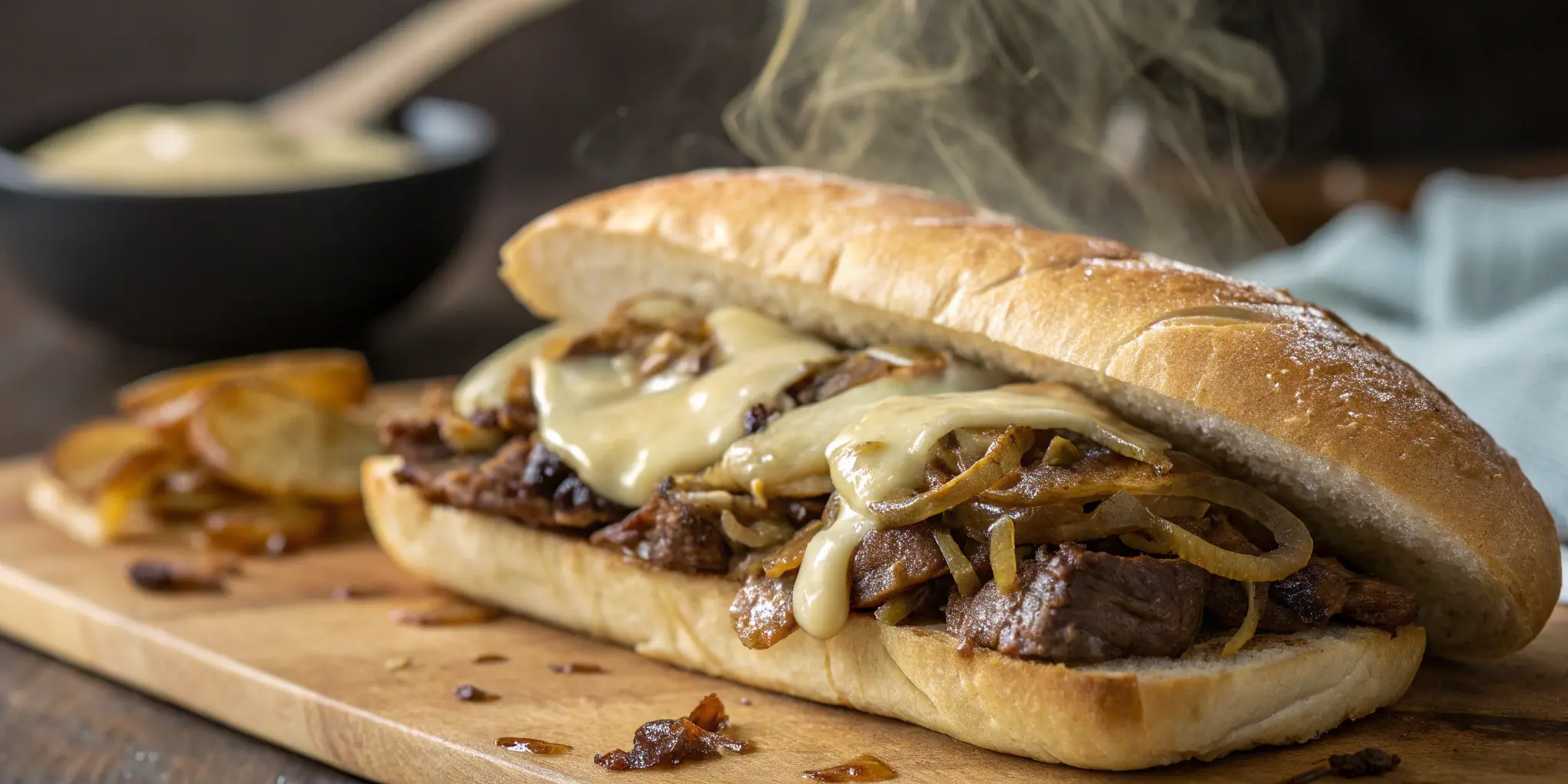 Philly cheese steak sandwich with melted cheese, ribeye steak, and caramelized onions in a toasted hoagie roll.