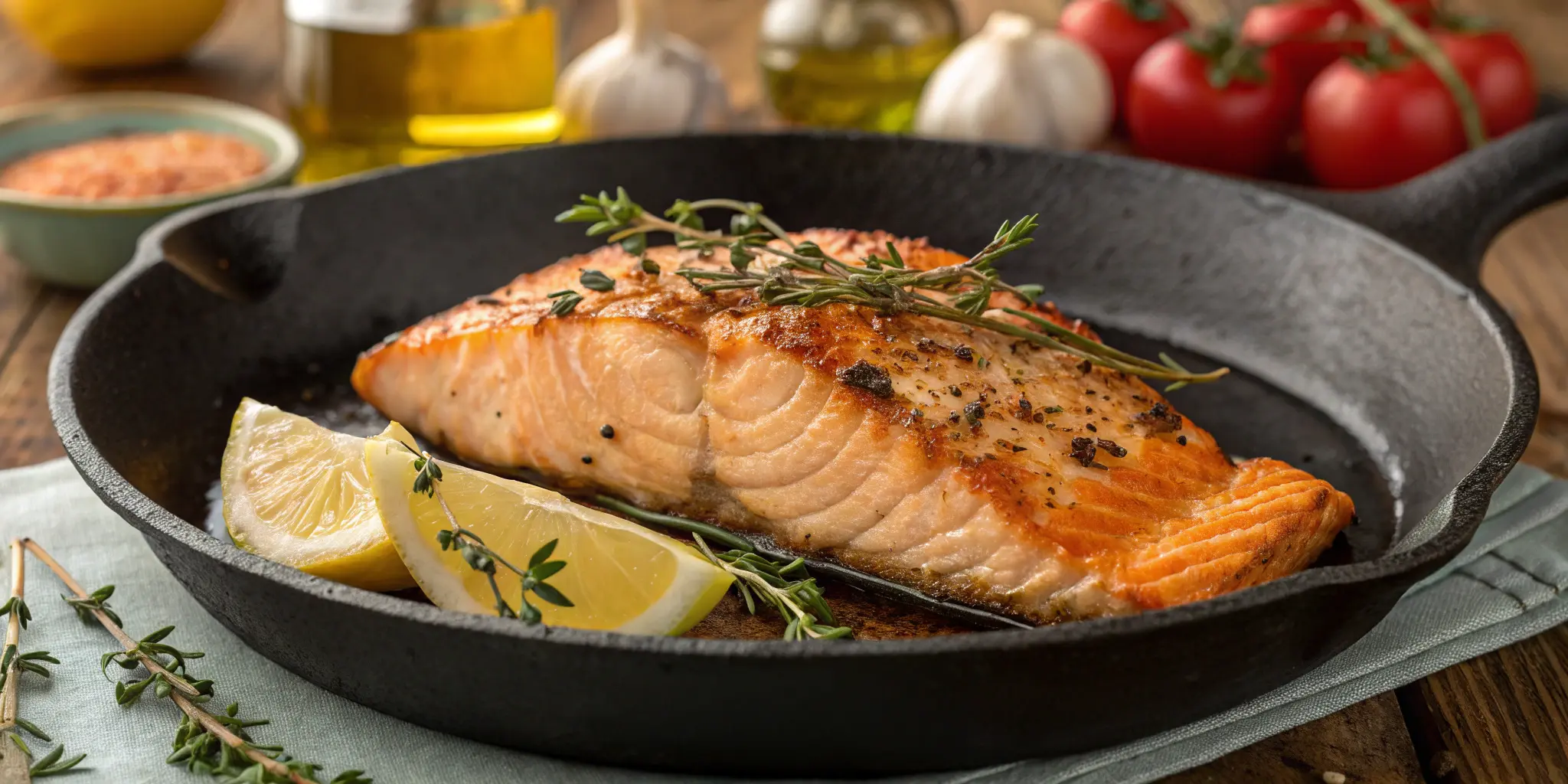 Pan fried salmon with crispy skin cooked in a cast iron skillet garnished with thyme and lemon wedges