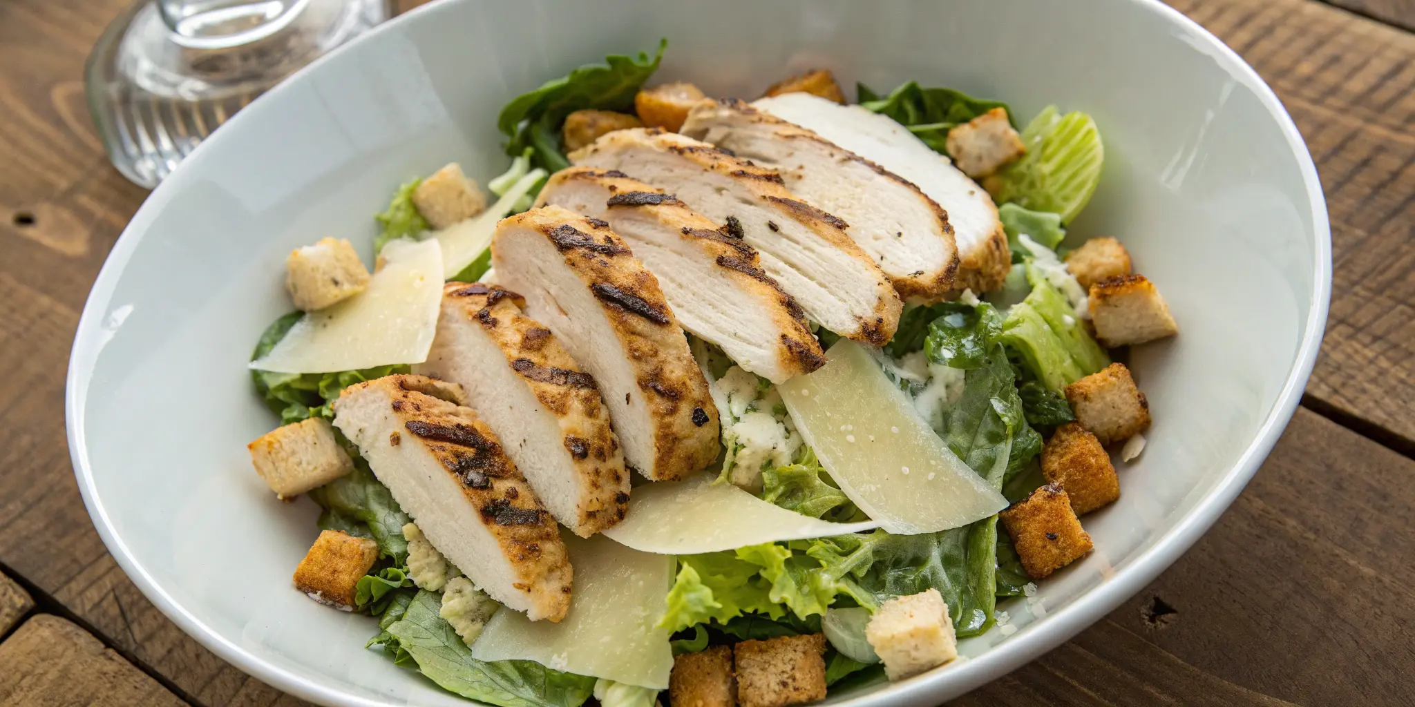 Plated chicken Caesar salad recipe with grilled chicken, croutons, and Caesar dressing