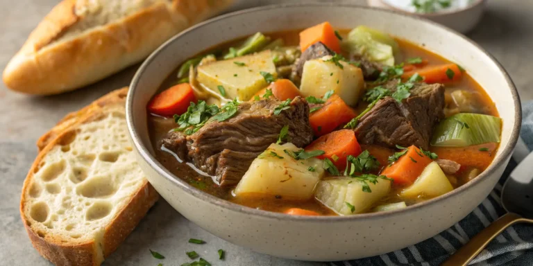 Beef and cabbage recipe stew in a bowl, with tender beef and vibrant cabbage in savory broth
