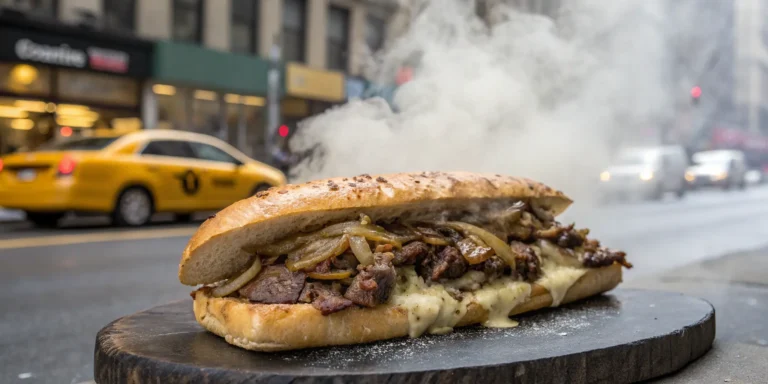 New York steak sandwich with onions and provolone on hoagie roll