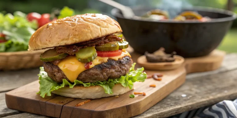 Juicy grilled beef hamburger with melted cheese and fresh toppings on toasted bun