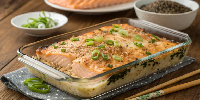 Salmon sushi bake in casserole dish topped with green onions and furikake