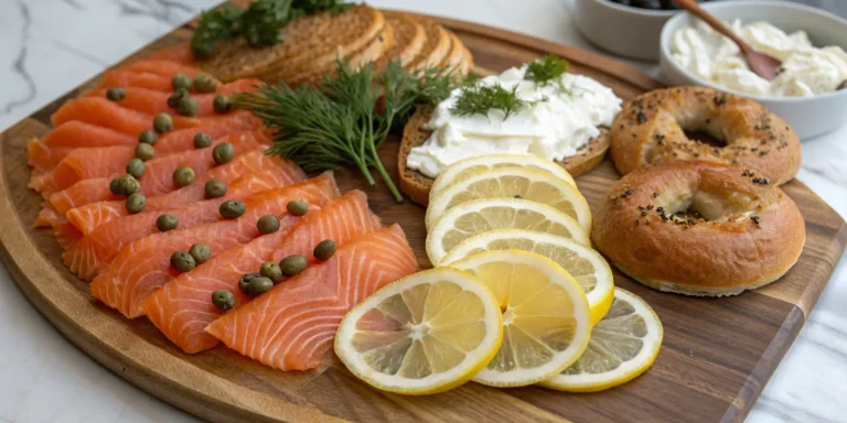 Smoked salmon recipe platter with lemon, dill, capers, and bagels