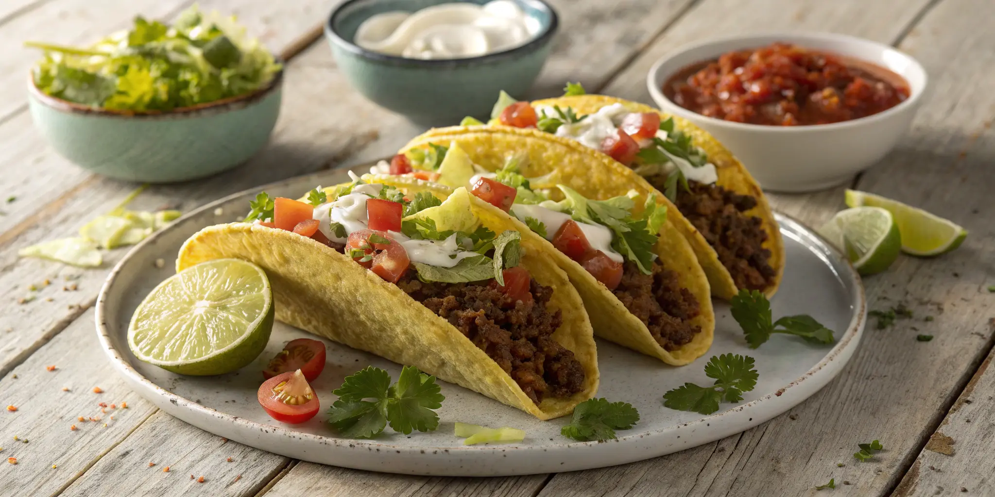 Delicious ground beef tacos with toppings on a rustic plate, Ground Beef Taco Recipe