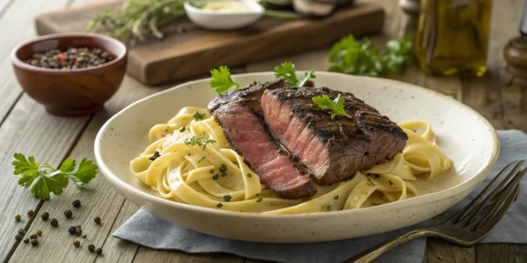 Juicy ribeye beef steak sliced over creamy fettuccine pasta with parsley garnish - Beef Steak and Pasta