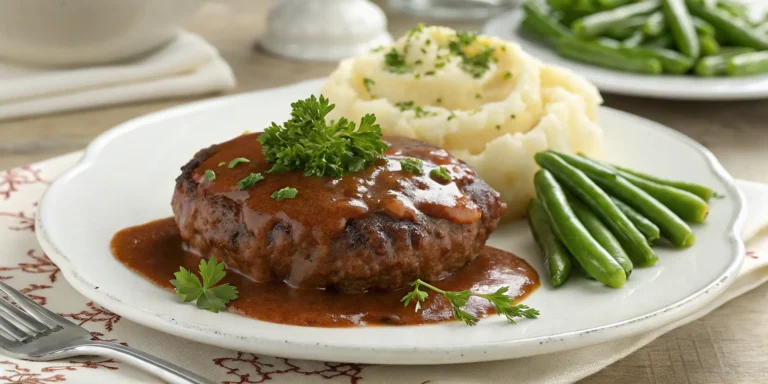 How to make Salisbury steak: plated Salisbury steak with brown gravy and sides