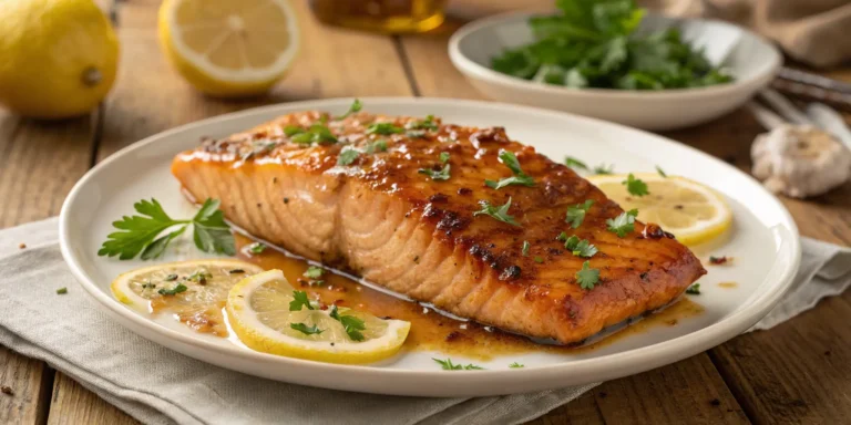 Garlic honey salmon filet glazed with honey garlic sauce, garnished with parsley and lemon
