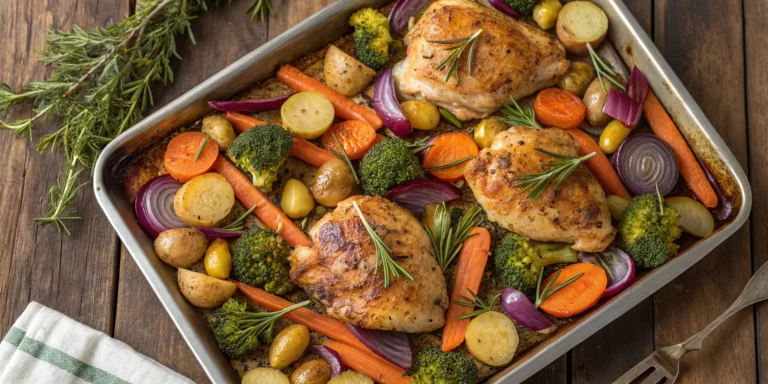 Golden baked chicken sheet pan dinner with roasted vegetables and herbs