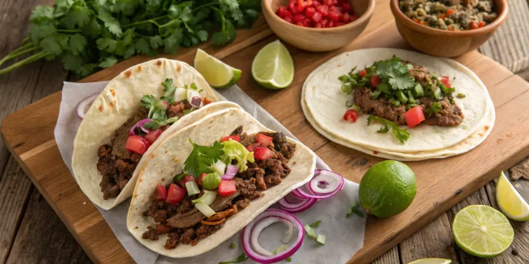 Homemade tacos with ground beef, carne asada, and barbacoa topped with fresh cilantro and lime