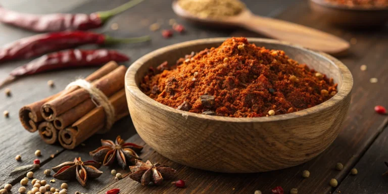 Homemade taco meat seasoning blend in a rustic bowl with chili powder and cumin spices