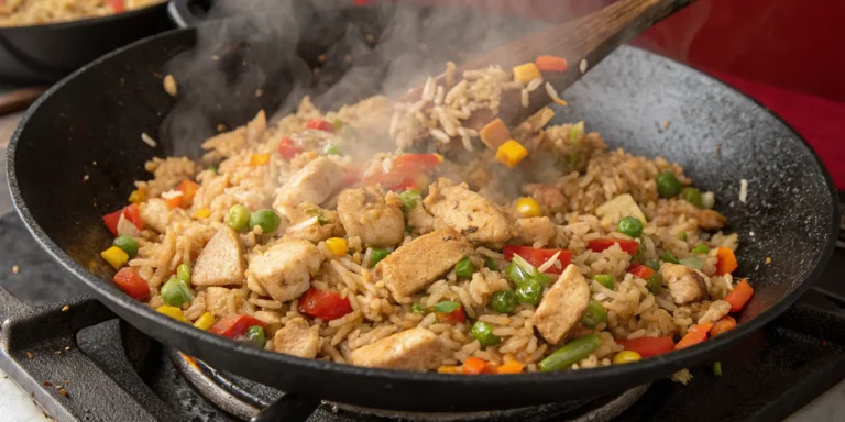 chicken fried rice on Blackstone with veggies and steam