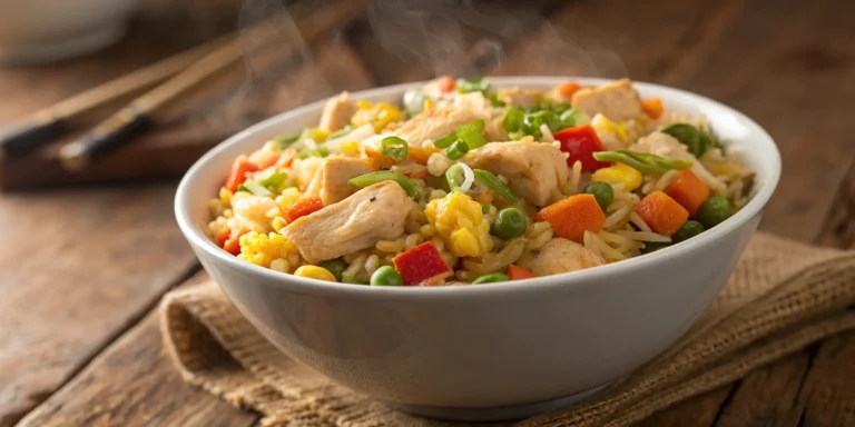 Homemade chicken fried rice recipe with diced chicken, colorful vegetables, and green onions in a bowl