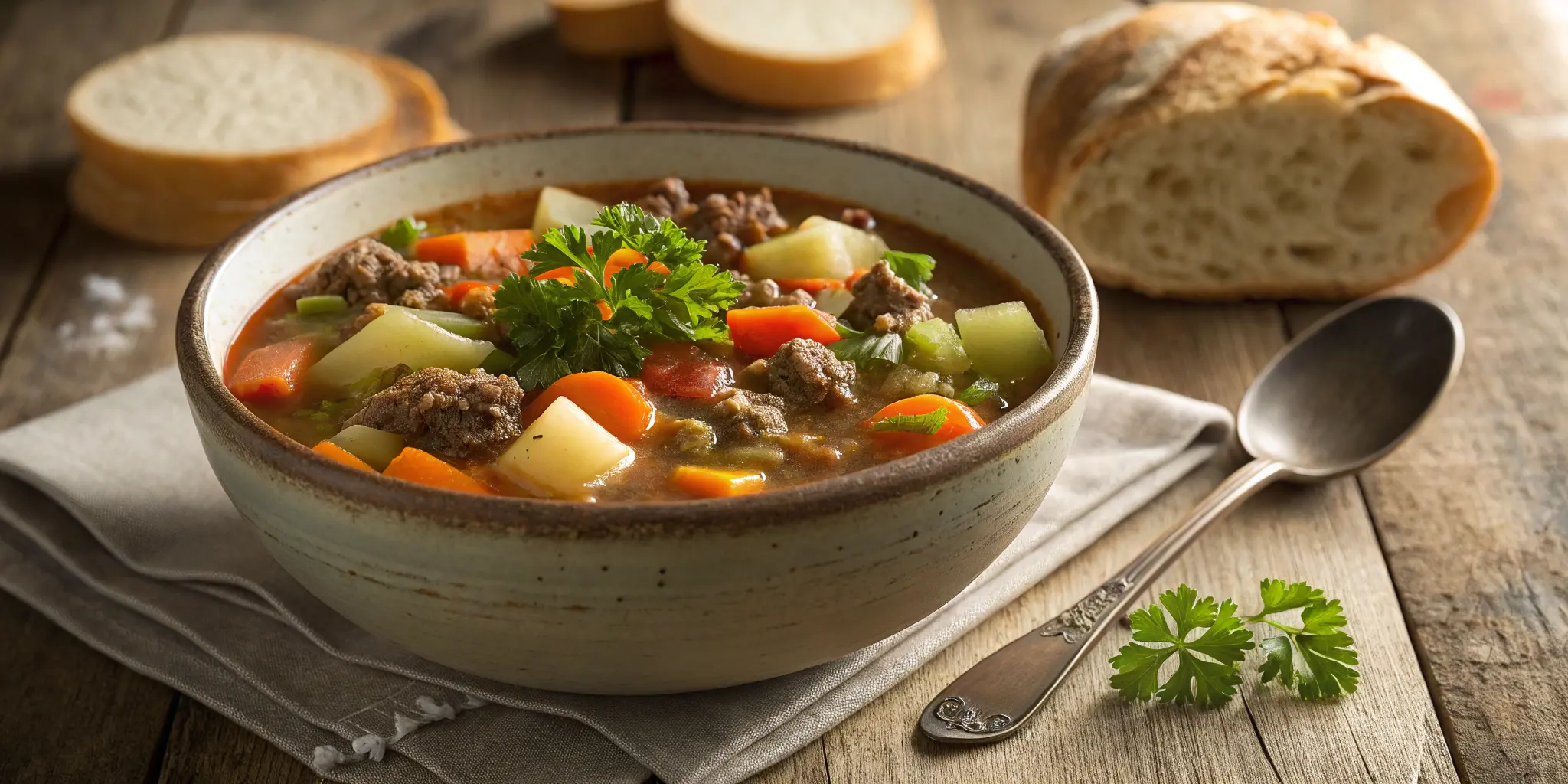 Hearty ground beef soup with vegetables in a rustic bowl