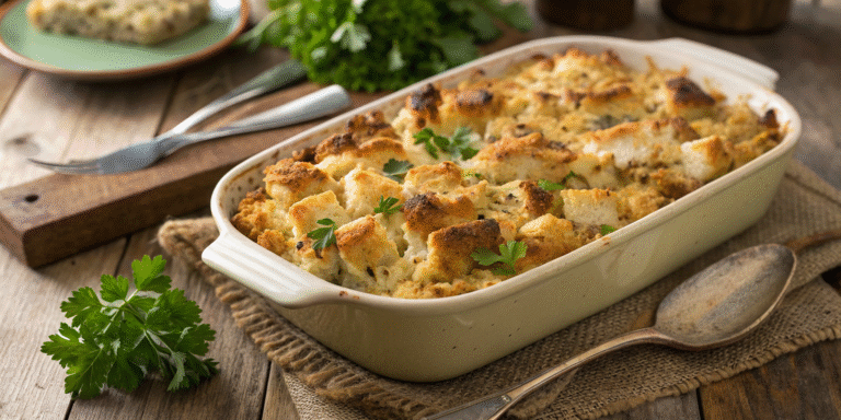 Easy chicken and stuffing casseroles baked golden and crispy in a rustic dish