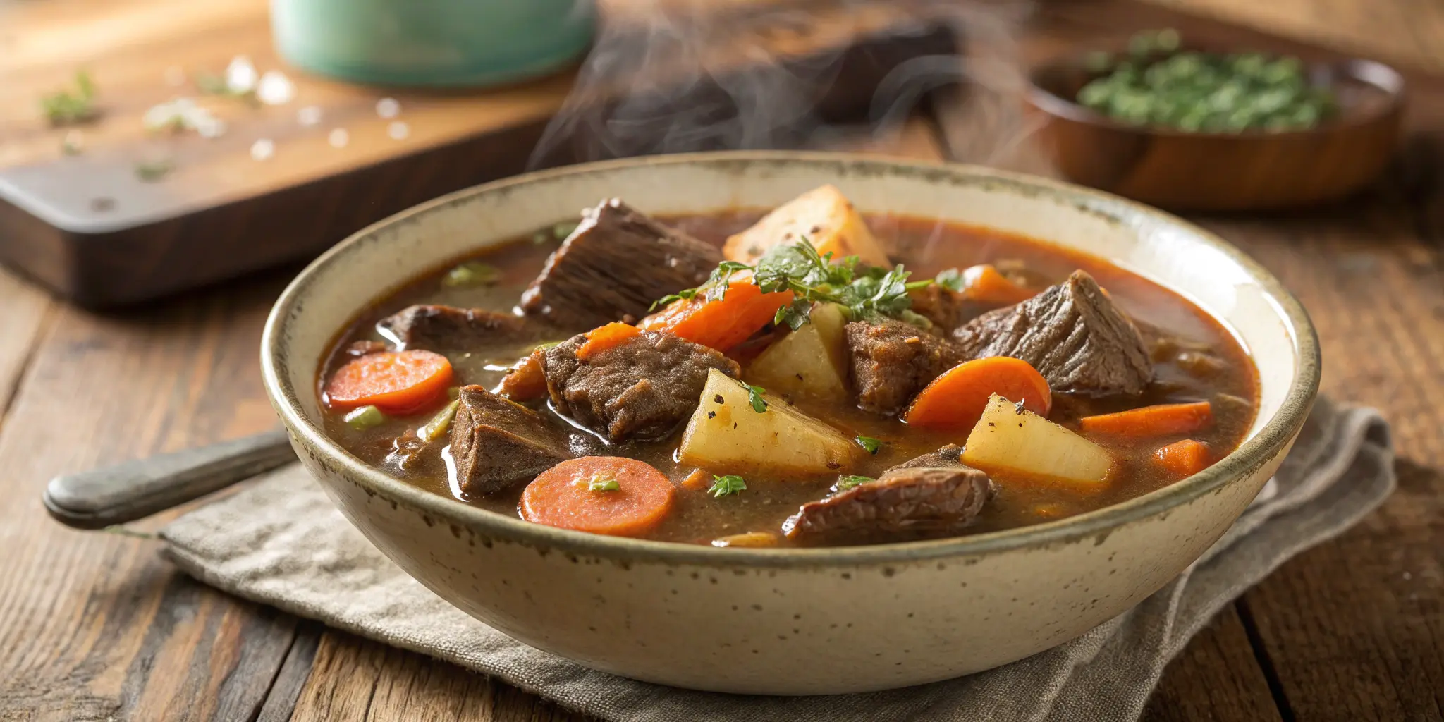 Slow cooker beef stew in a bowl with tender meat and vegetables