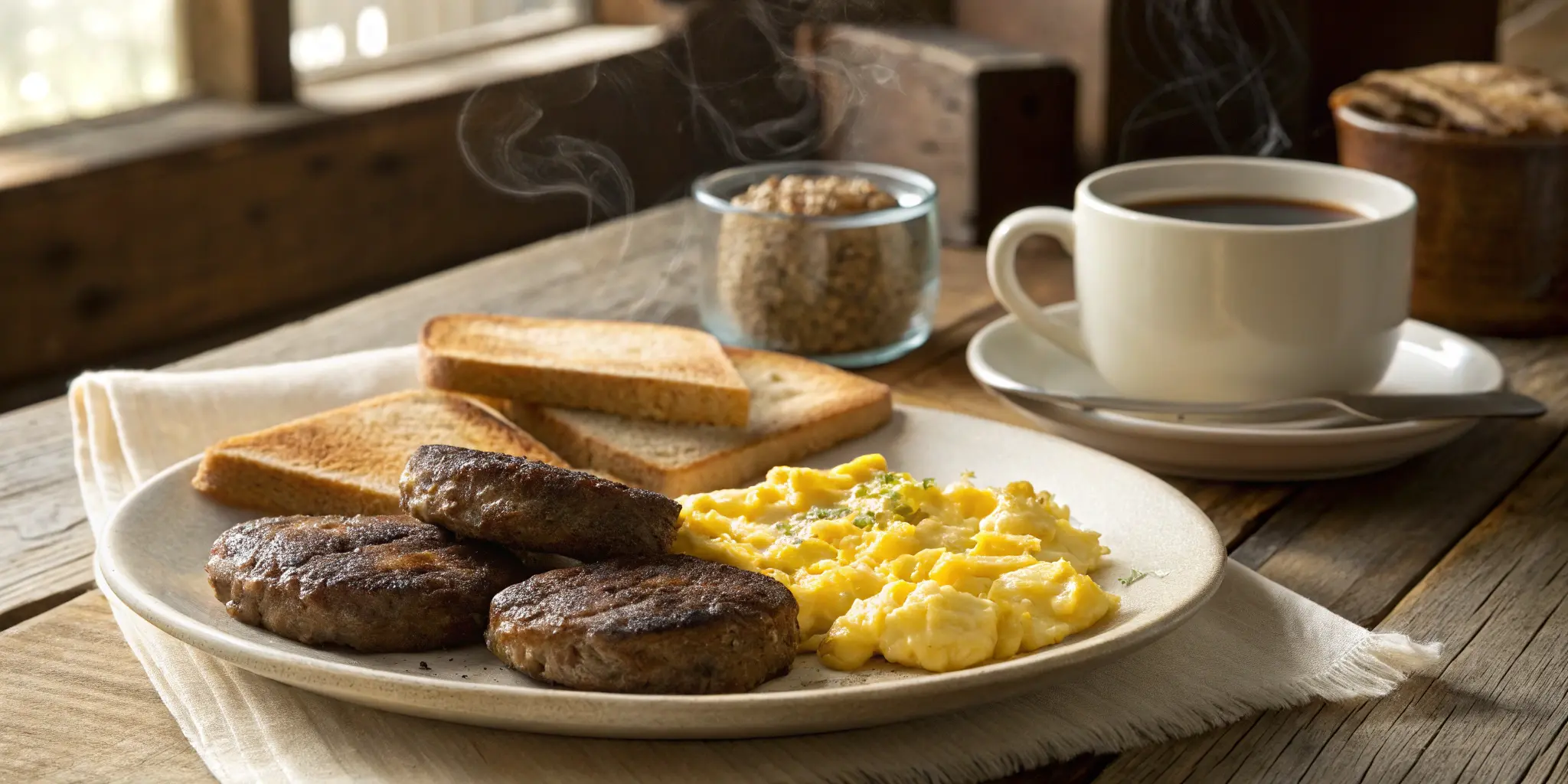 Hearty breakfast with beef sausage patties and eggs