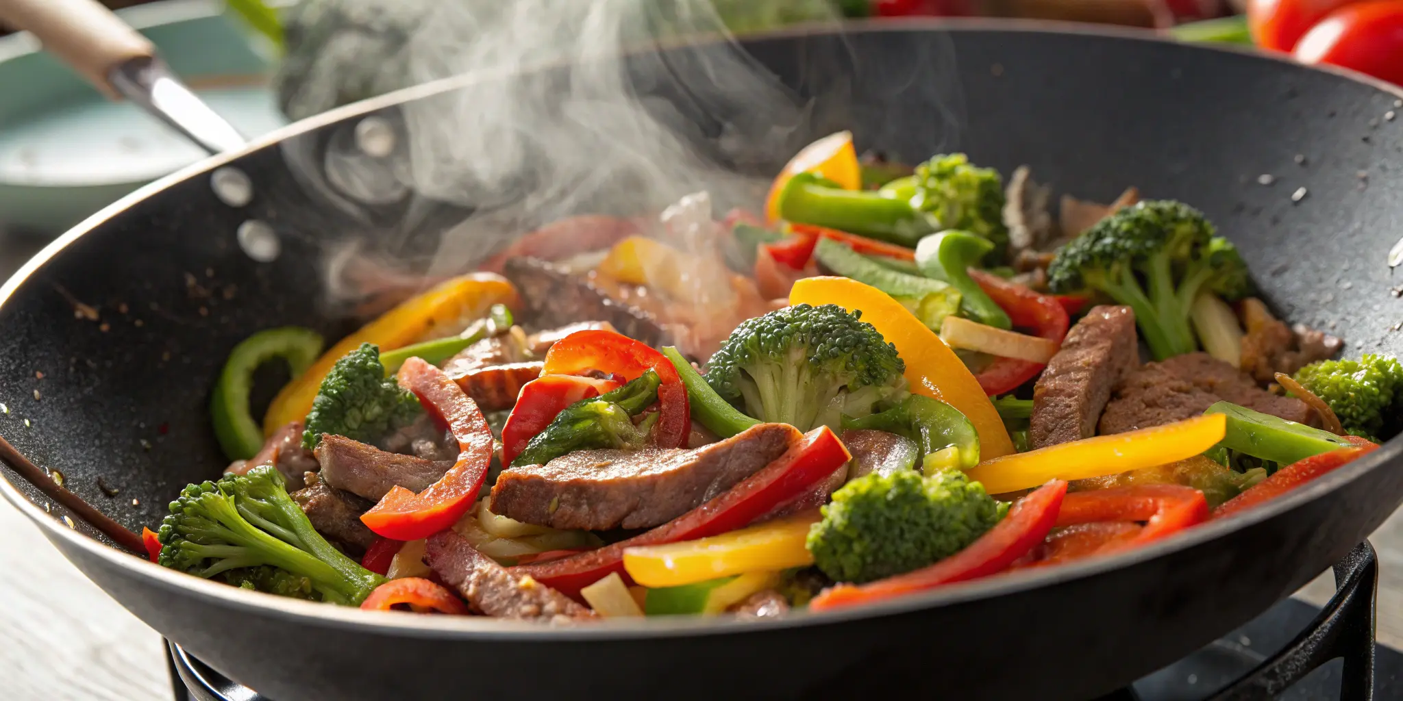Juicy frying steak stir fry with colorful vegetables cooking in a wok, Frying Steak Stir Fry