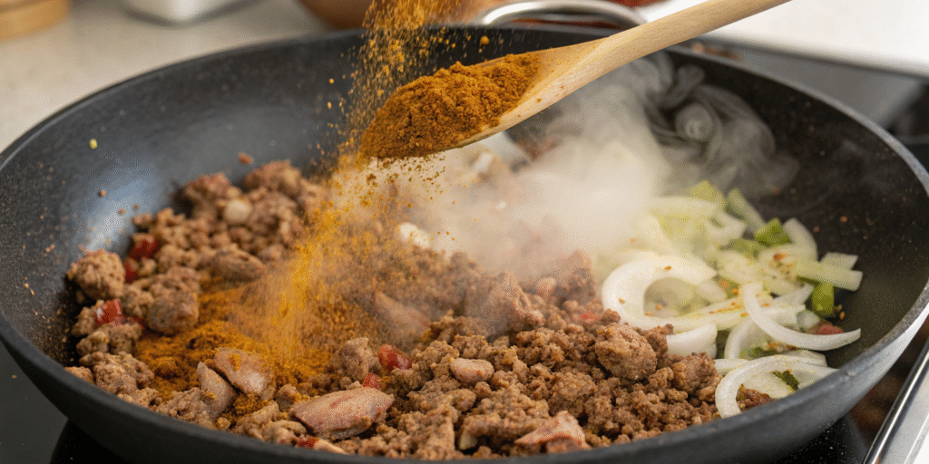 Browning ground beef for taco recipe in skillet