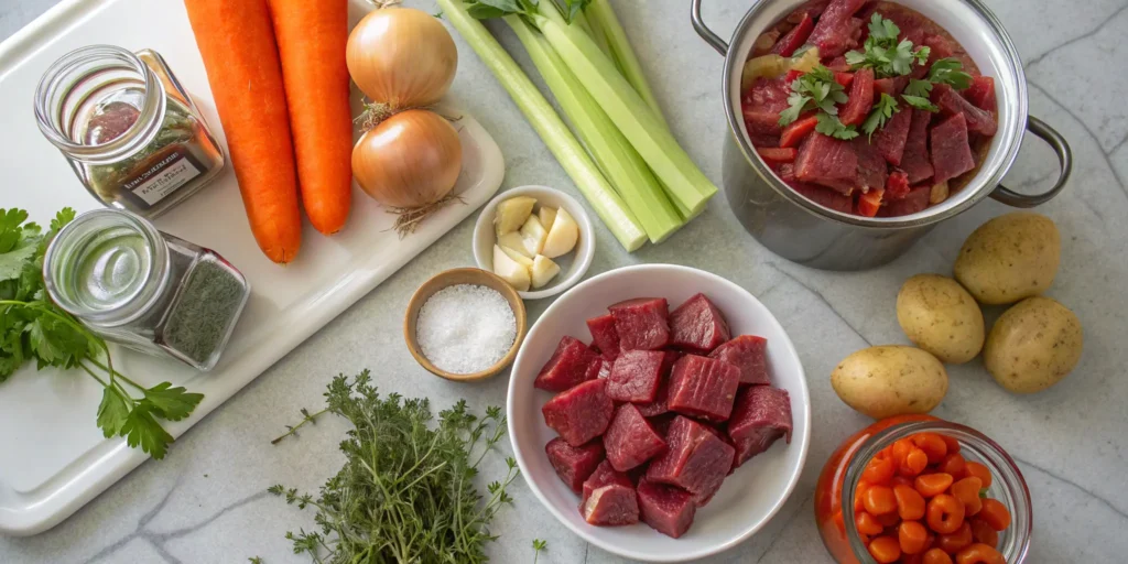 Fresh ingredients for vegetable beef soup on a kitchen counter