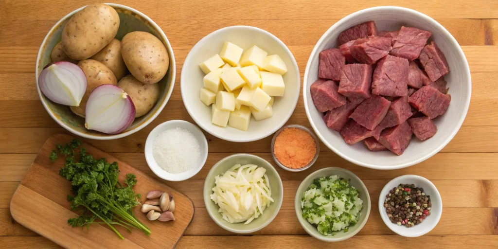 Fresh ingredients for homemade corned beef hash on wooden counter