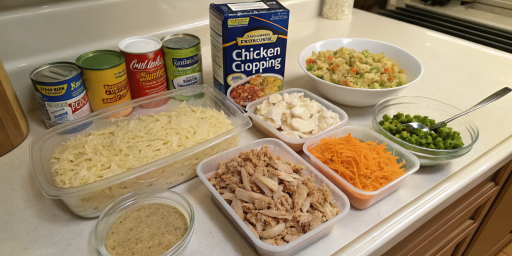 Ingredients laid out for making chicken and stuffing casseroles